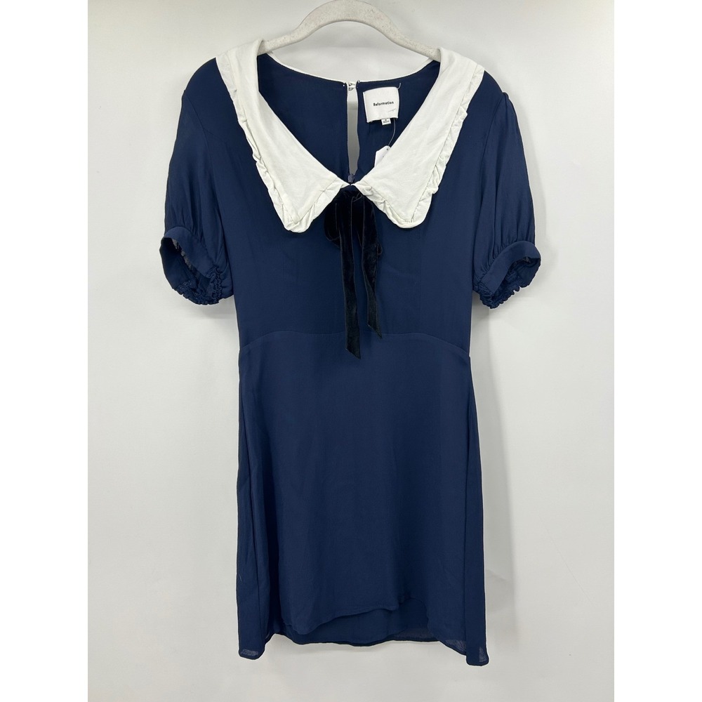 Reformation Navy Blue Kayla Mini Dress White Ruffle Peter Pan Collar Sz 8